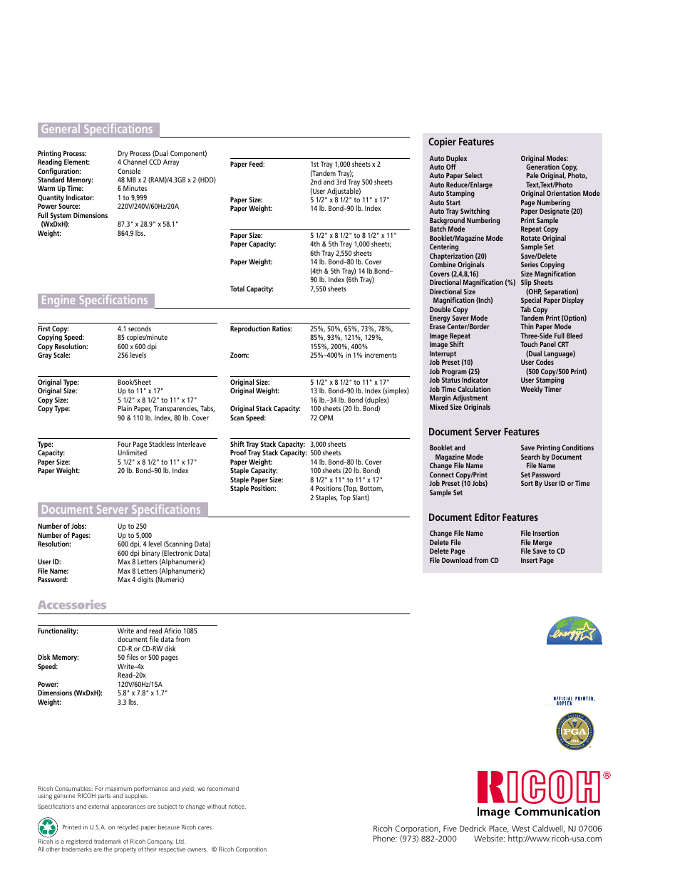Engine specifications, General specifications, Document server specifications | Accessories, Copier features, Document server features, Document editor features | Ricoh Aficio 1085 User Manual | Page 12 / 14