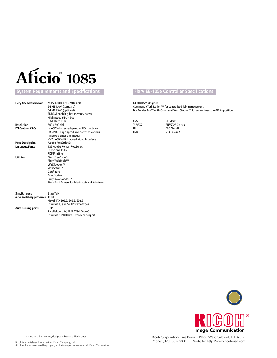 System requirements and specifications, Fiery eb-105e controller specifications | Ricoh Aficio 1085 User Manual | Page 8 / 14