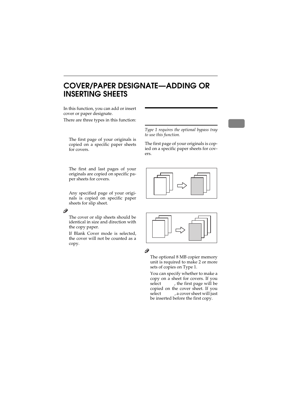 Cover/paper designate, Front cover, 2cover/paper designate—adding or inserting sheets | Front cover—copying or adding a front cover | Ricoh 450 User Manual | Page 107 / 209