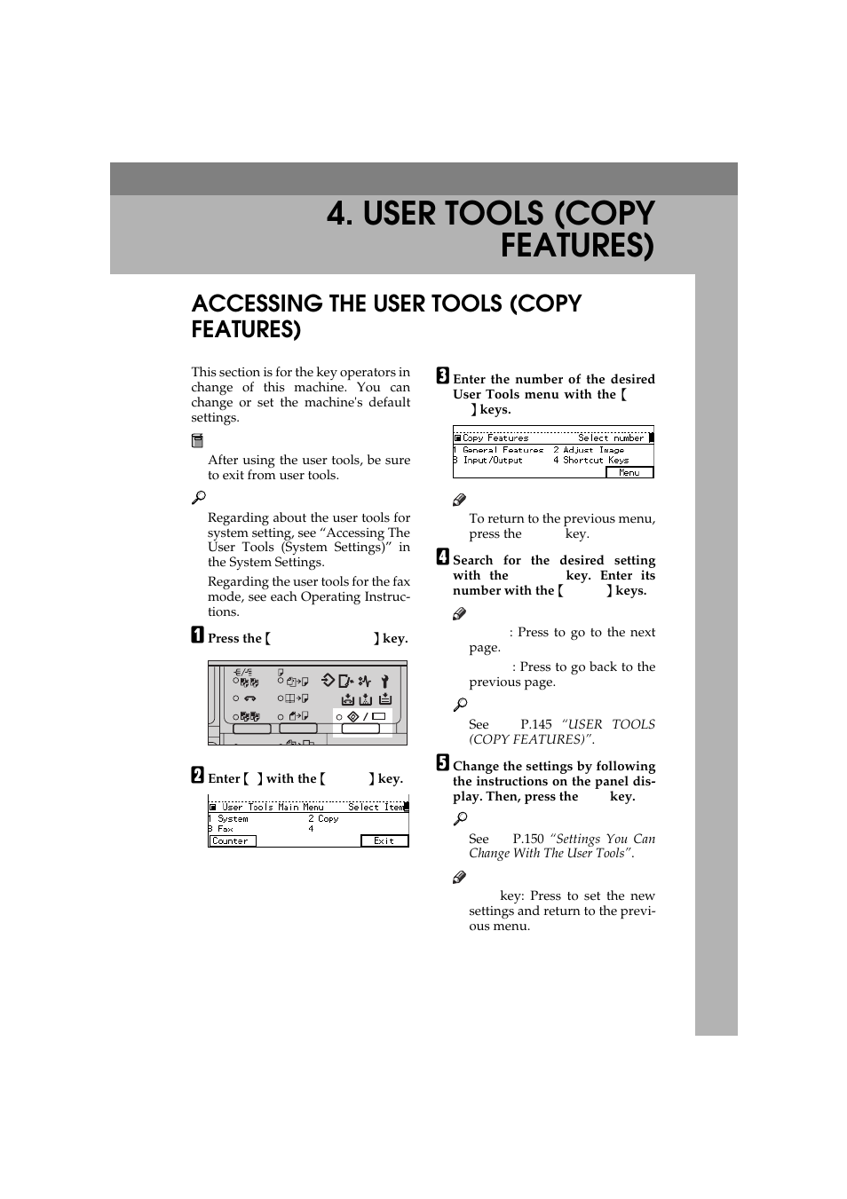 User tools, Accessing the user tools, User tools (copy features) | Accessing the user tools (copy features) | Ricoh 450 User Manual | Page 161 / 209