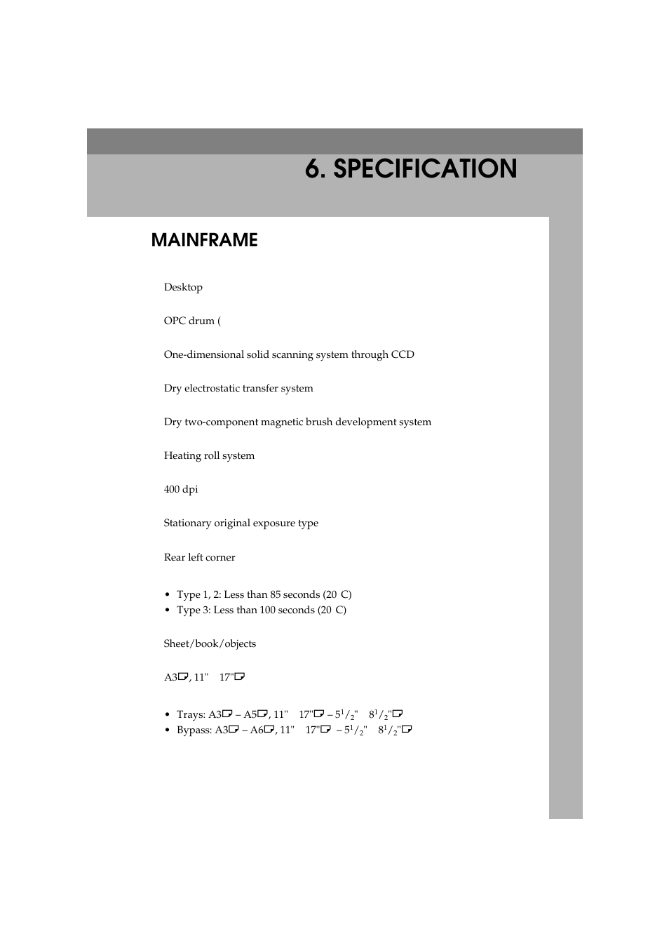 Specifications, Mainframe, Specification | Ricoh 450 User Manual | Page 187 / 209