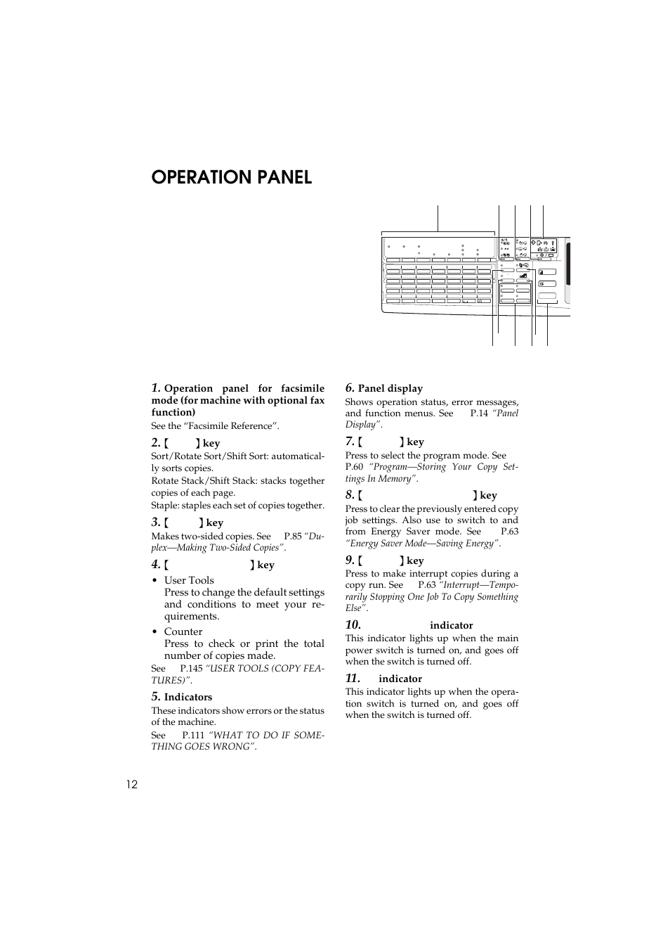 Operation panel, Sorter } key, Duplex } key | Indicators, Panel display, Program } key, Clear modes/energy saver } key, Interrupt } key, Main power indicator, On indicator | Ricoh 450 User Manual | Page 28 / 209