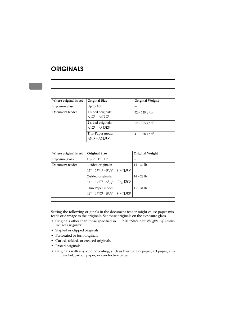 Originals, Sizes and weights of recommended originals, 1originals | Ricoh 450 User Manual | Page 36 / 209