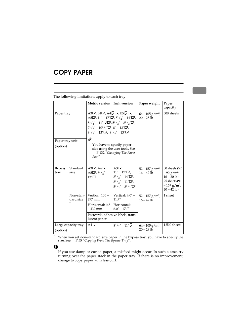 Copy paper, Recommended paper sizes and types, 1copy paper | Ricoh 450 User Manual | Page 39 / 209