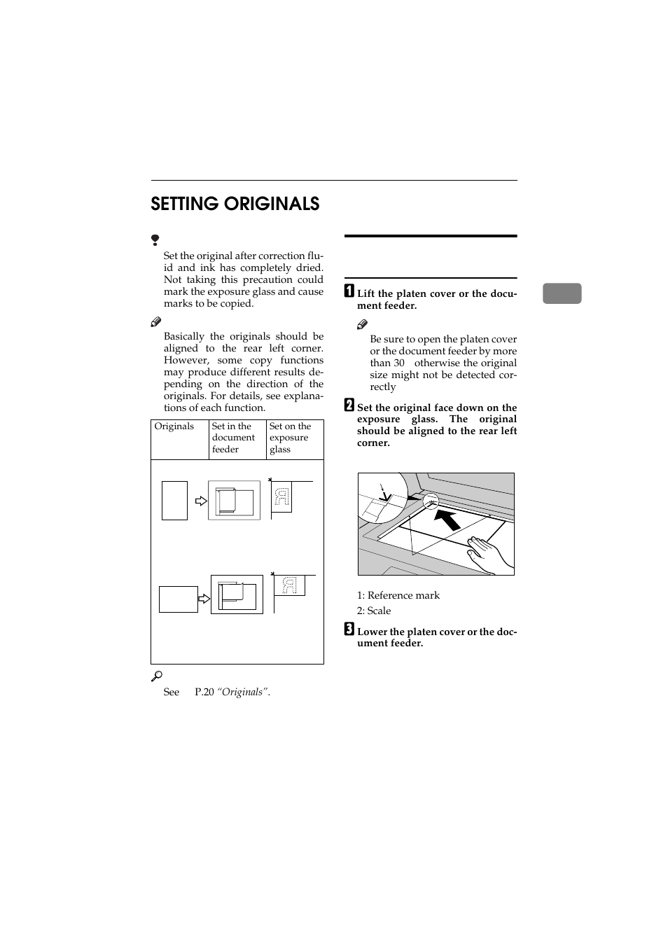 Setting originals, Setting originals on the exposure glass, 2setting originals | Ricoh 450 User Manual | Page 47 / 209