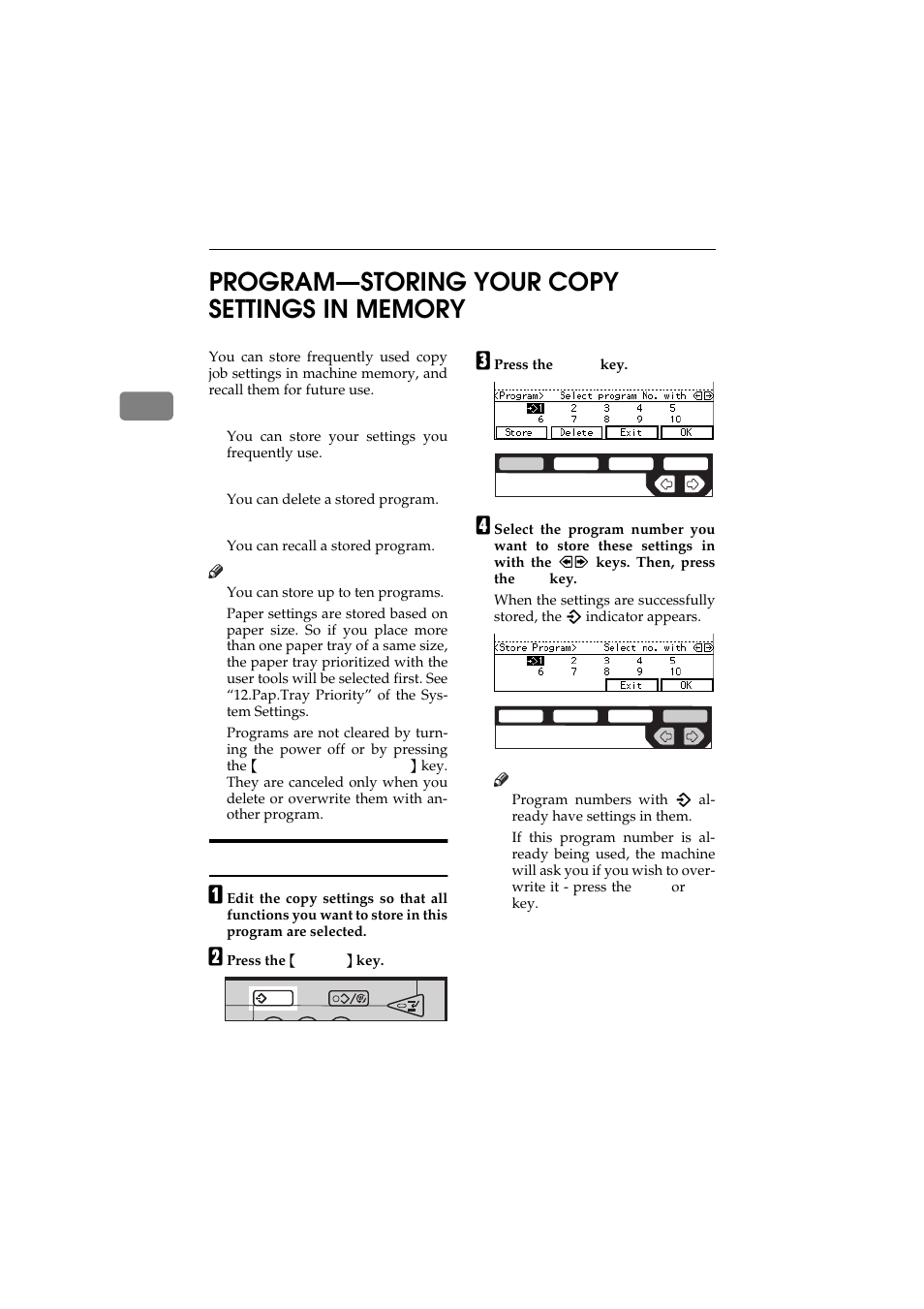 Program, Storing your settings | Ricoh 450 User Manual | Page 76 / 209