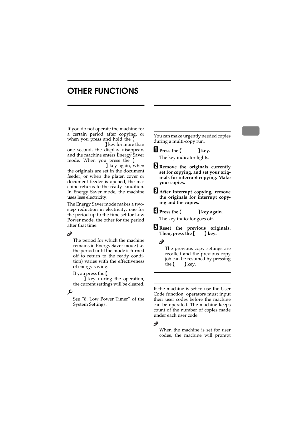 Other functions, Energy saver mode, Interrupt | 2other functions, Energy saver mode—saving energy, User codes | Ricoh 450 User Manual | Page 79 / 209