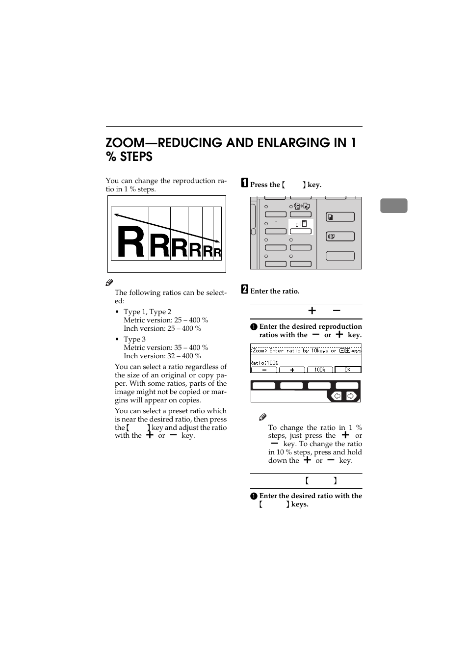 Zoom, 2zoom—reducing and enlarging in 1 % steps | Ricoh 450 User Manual | Page 83 / 209