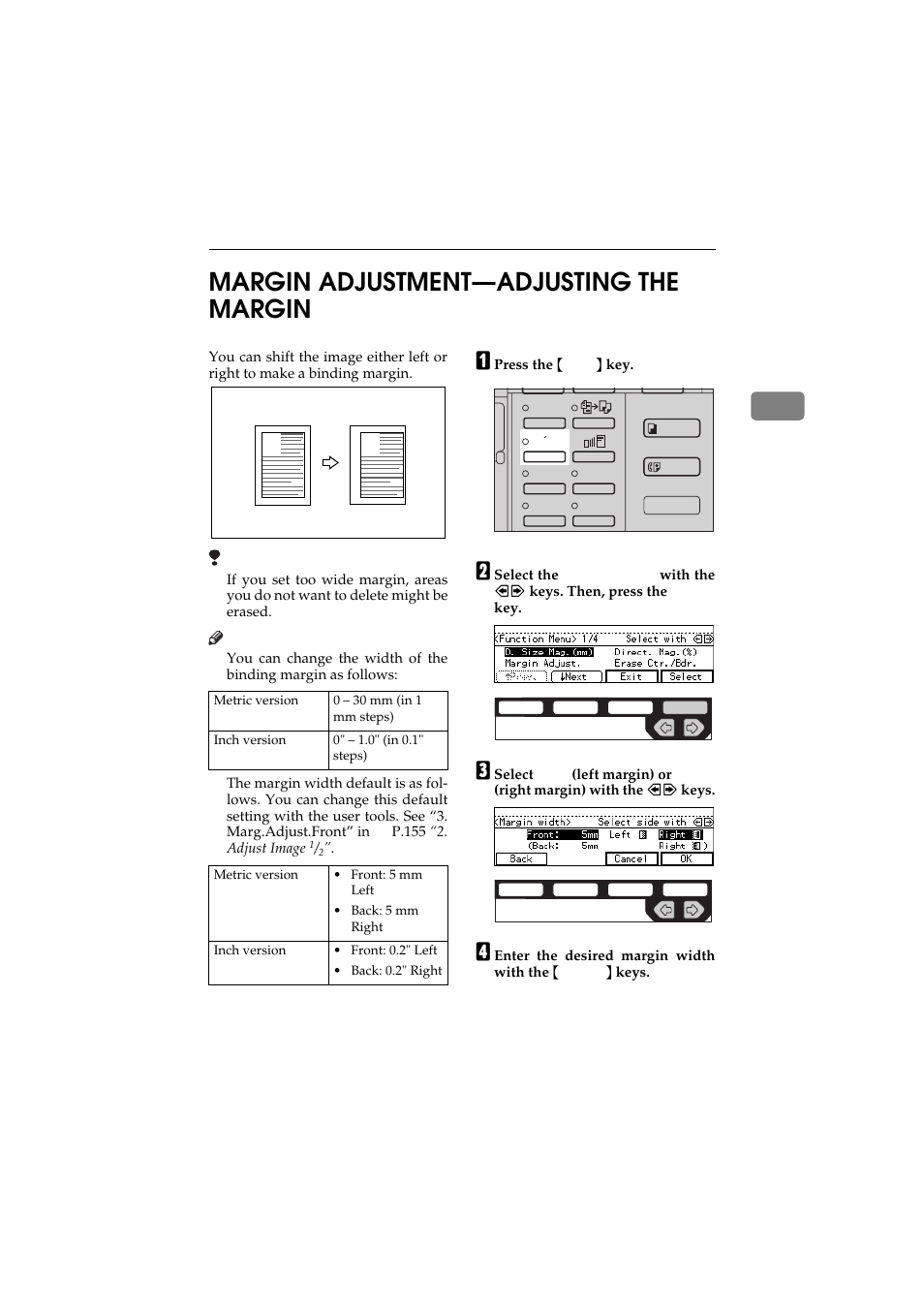 Margin adjustment, 2margin adjustment—adjusting the margin | Ricoh 450 User Manual | Page 89 / 209