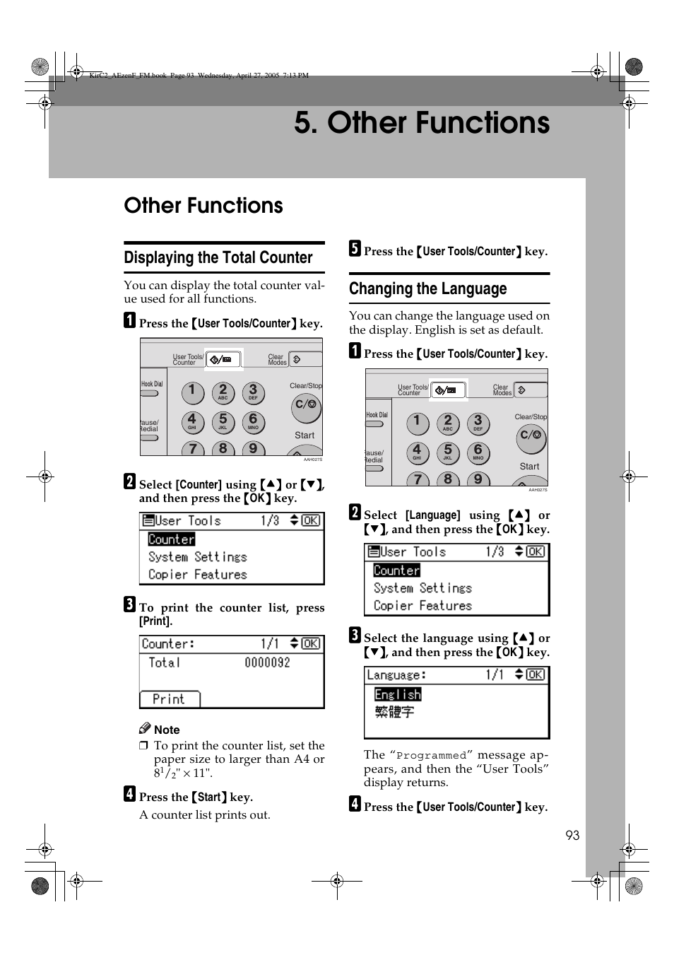 Other functions, Displaying the total counter, Changing the language | Ricoh Aficio DSm616 User Manual | Page 105 / 128