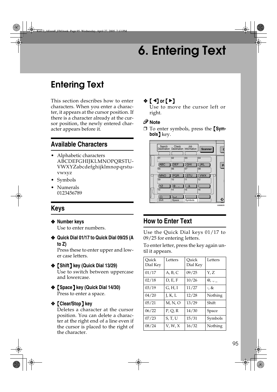 Entering text, Available characters, Keys | How to enter text | Ricoh Aficio DSm616 User Manual | Page 107 / 128