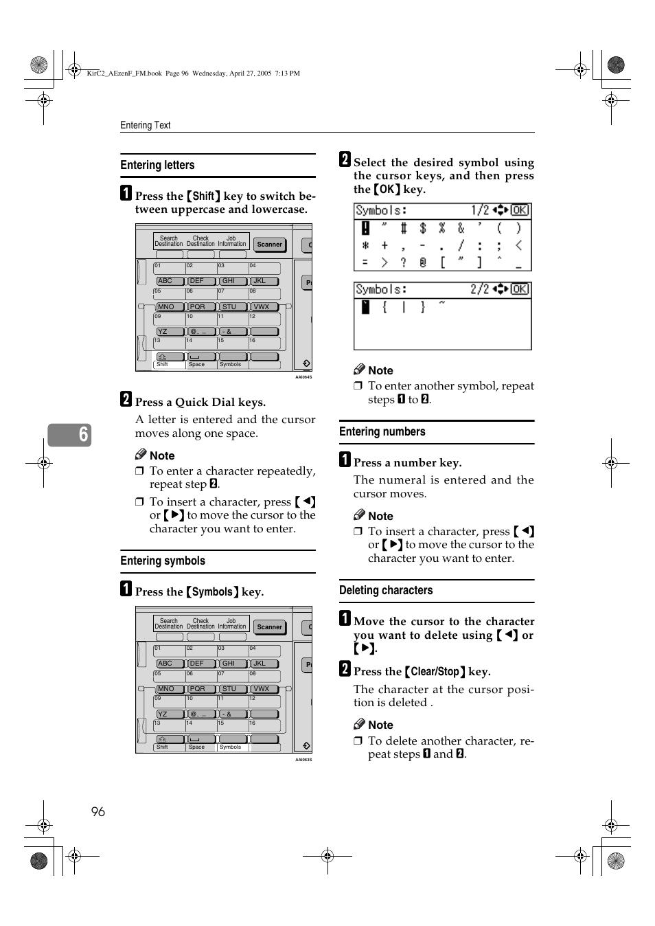 Entering letters, Press the {{{{ symbols }}}} key | Ricoh Aficio DSm616 User Manual | Page 108 / 128