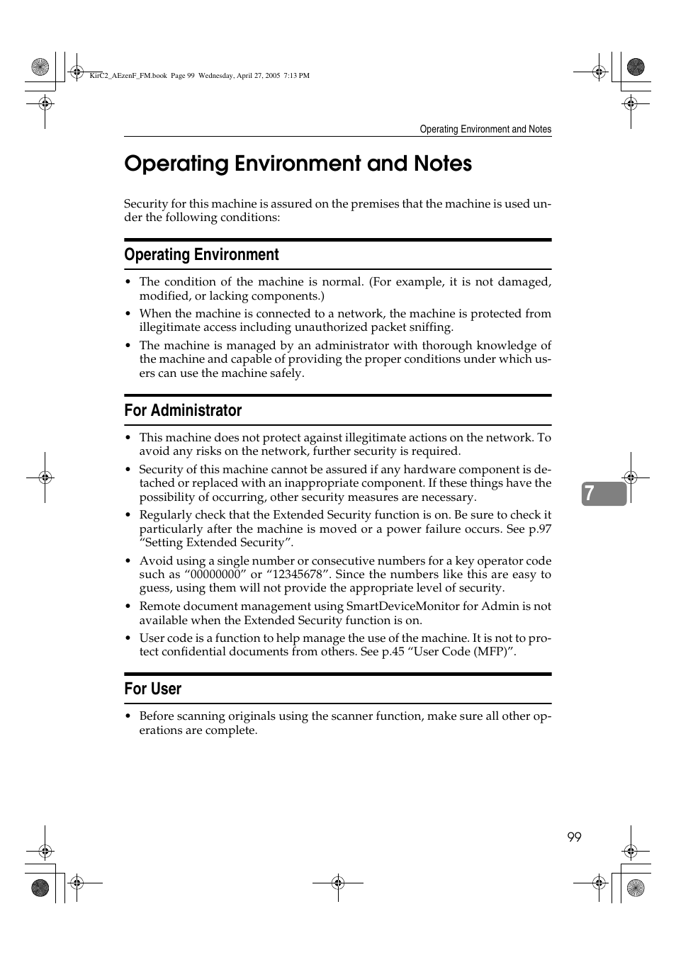 Operating environment, For administrator, For user | Ricoh Aficio DSm616 User Manual | Page 111 / 128