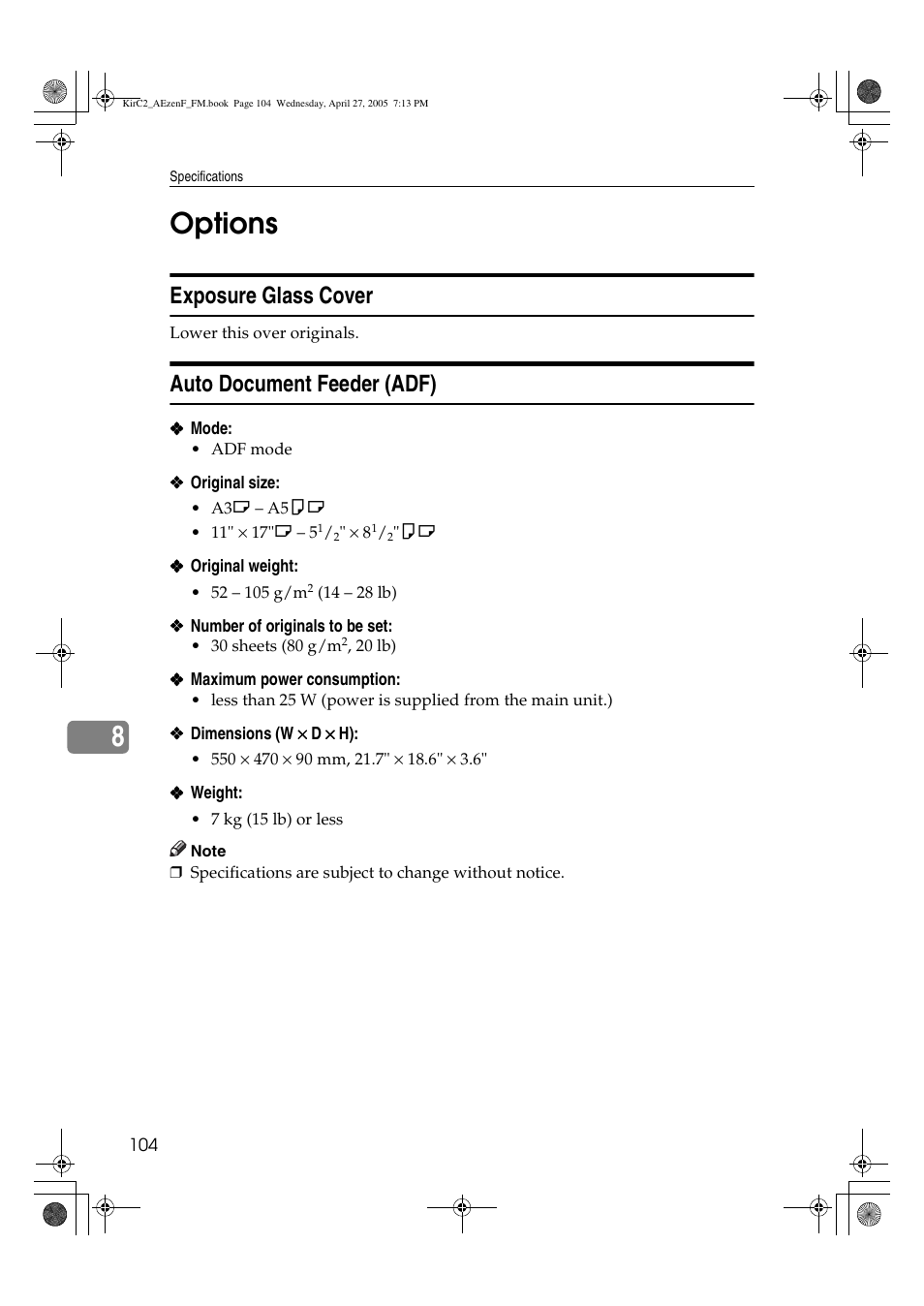 8options, Exposure glass cover, Auto document feeder (adf) | Ricoh Aficio DSm616 User Manual | Page 116 / 128