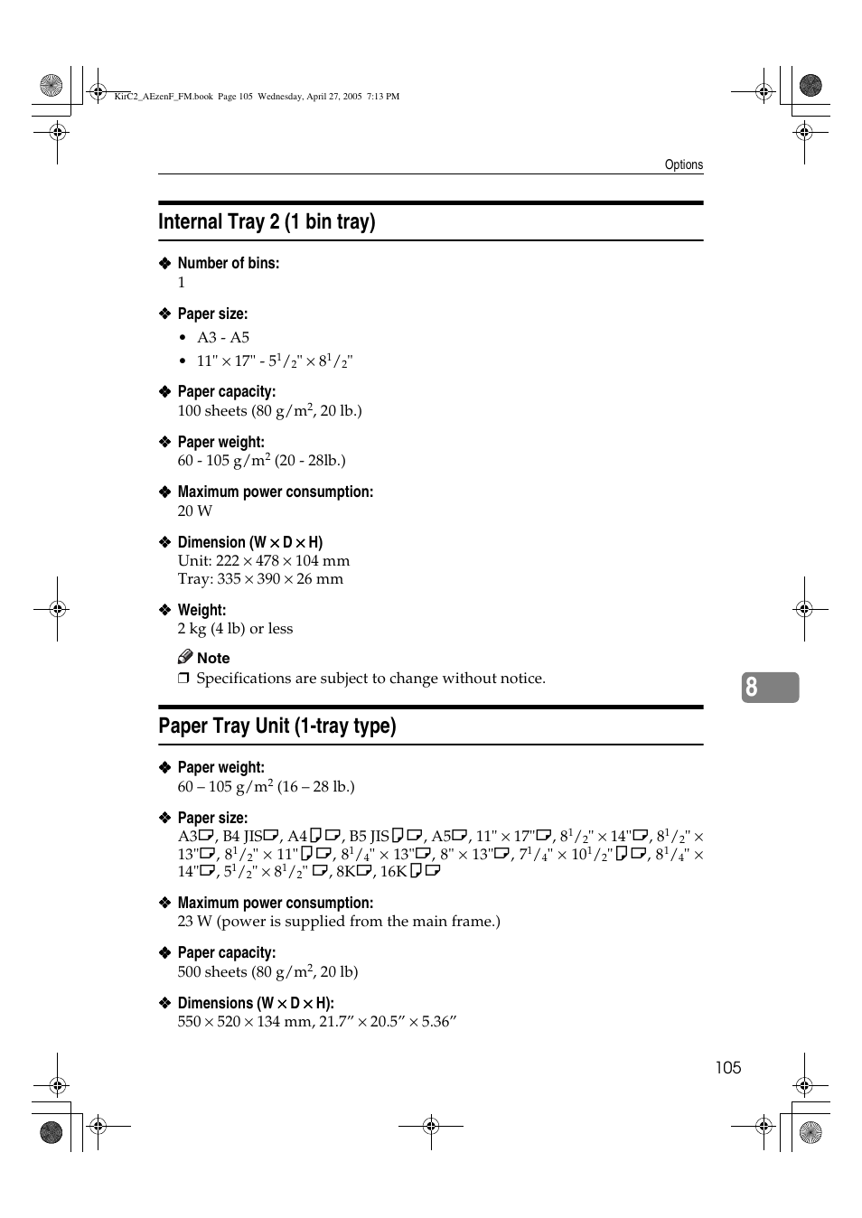 Internal tray 2 (1 bin tray), Paper tray unit (1-tray type) | Ricoh Aficio DSm616 User Manual | Page 117 / 128