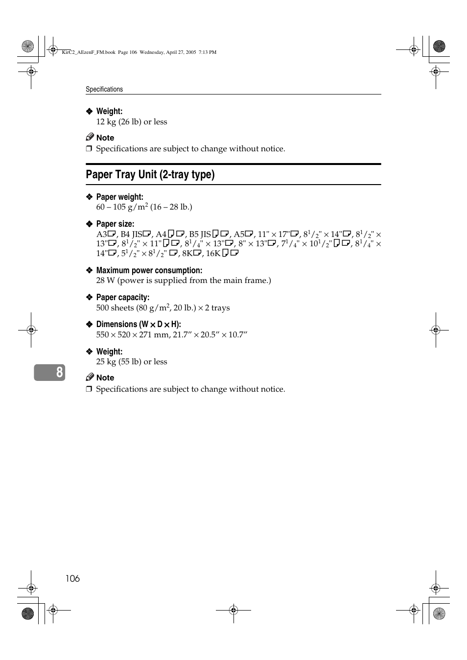 Paper tray unit (2-tray type) | Ricoh Aficio DSm616 User Manual | Page 118 / 128