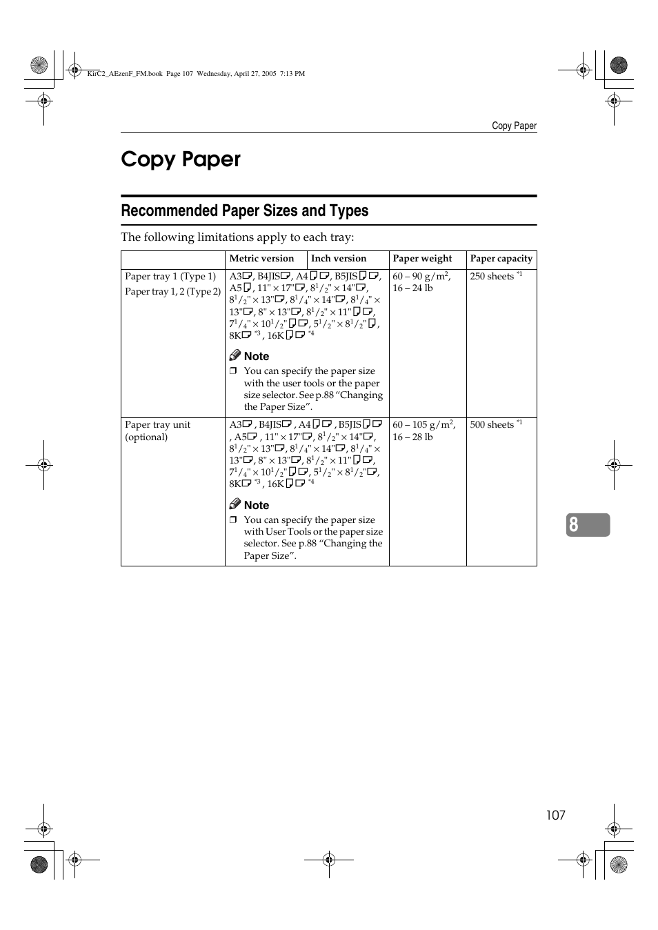 8copy paper, Recommended paper sizes and types, The following limitations apply to each tray | Ricoh Aficio DSm616 User Manual | Page 119 / 128