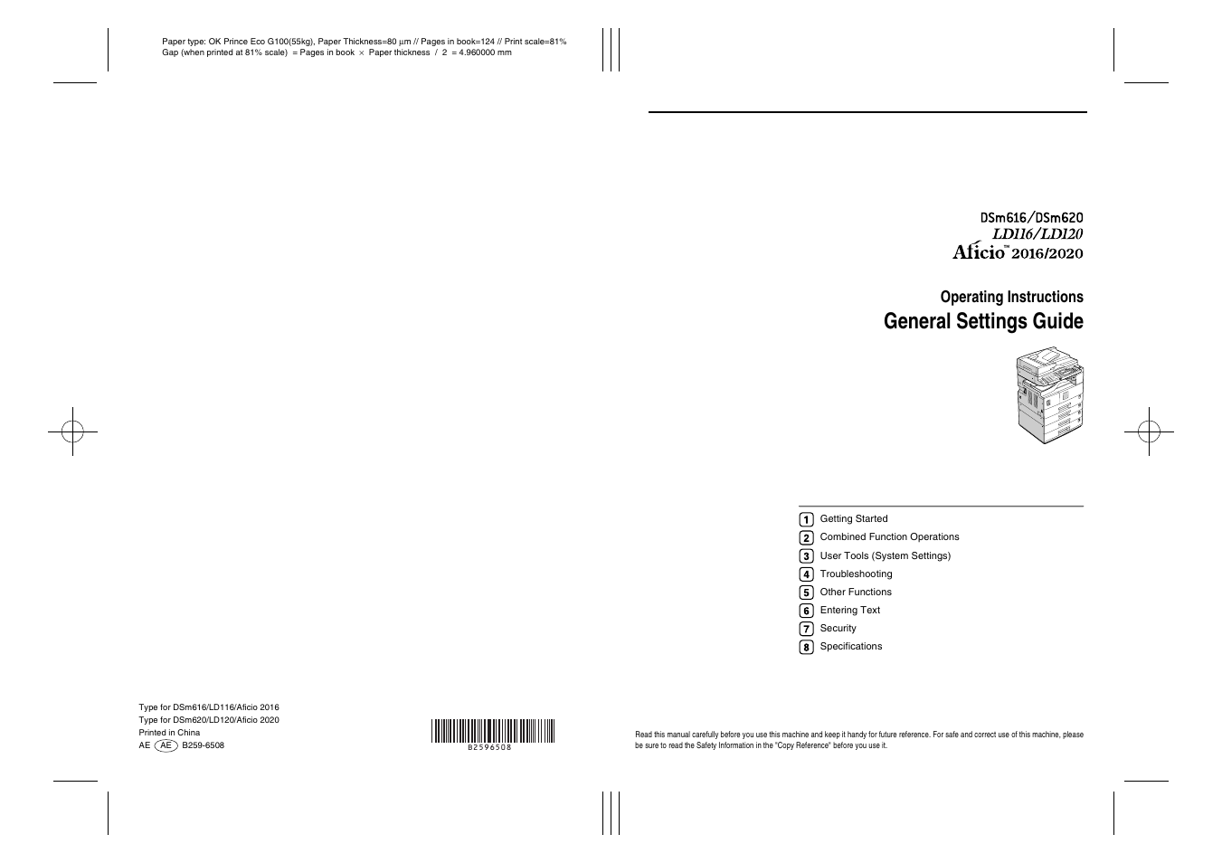 General settings guide, Operating instructions | Ricoh Aficio DSm616 User Manual | Page 128 / 128