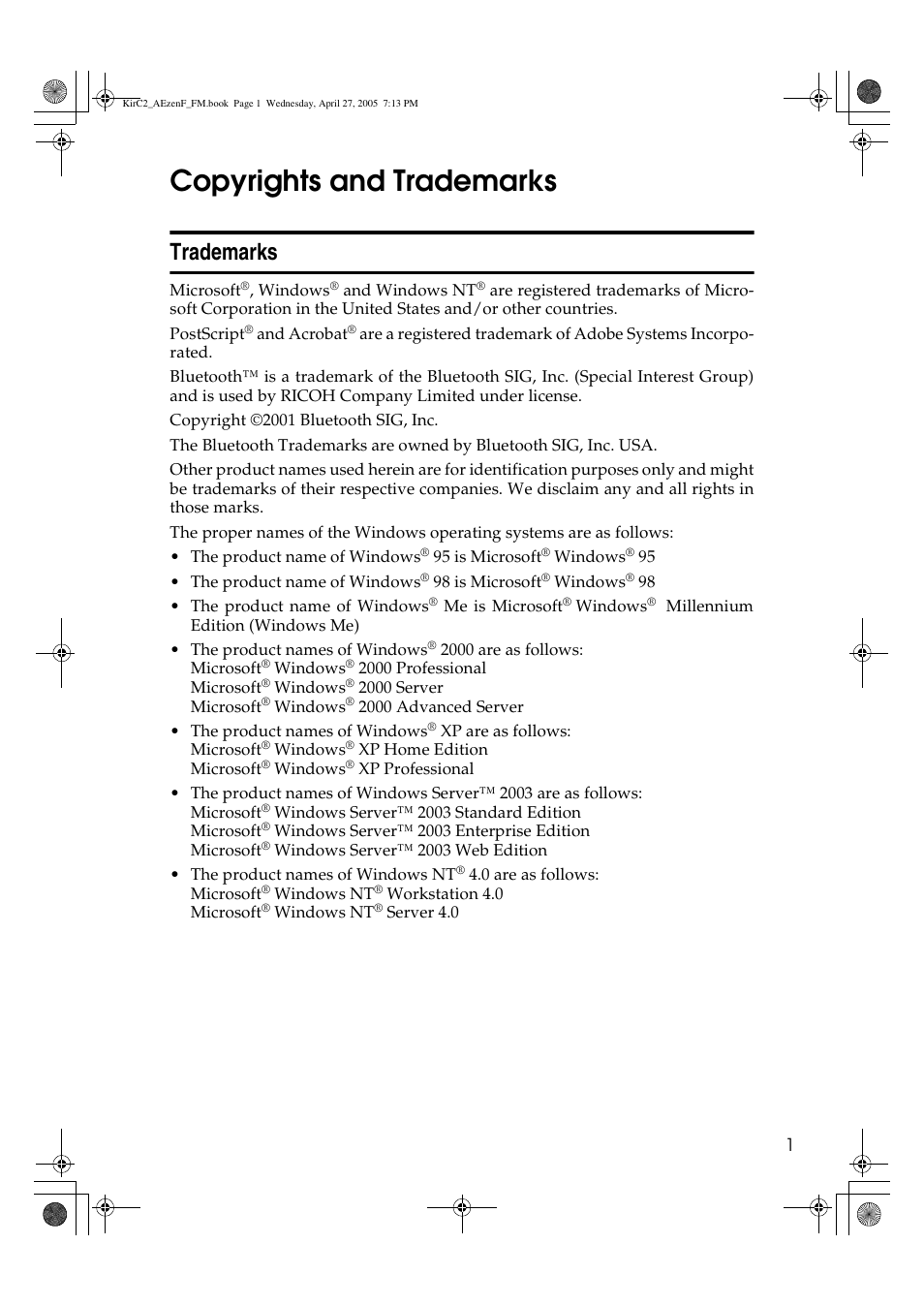 Copyrights and trademarks, Trademarks | Ricoh Aficio DSm616 User Manual | Page 13 / 128
