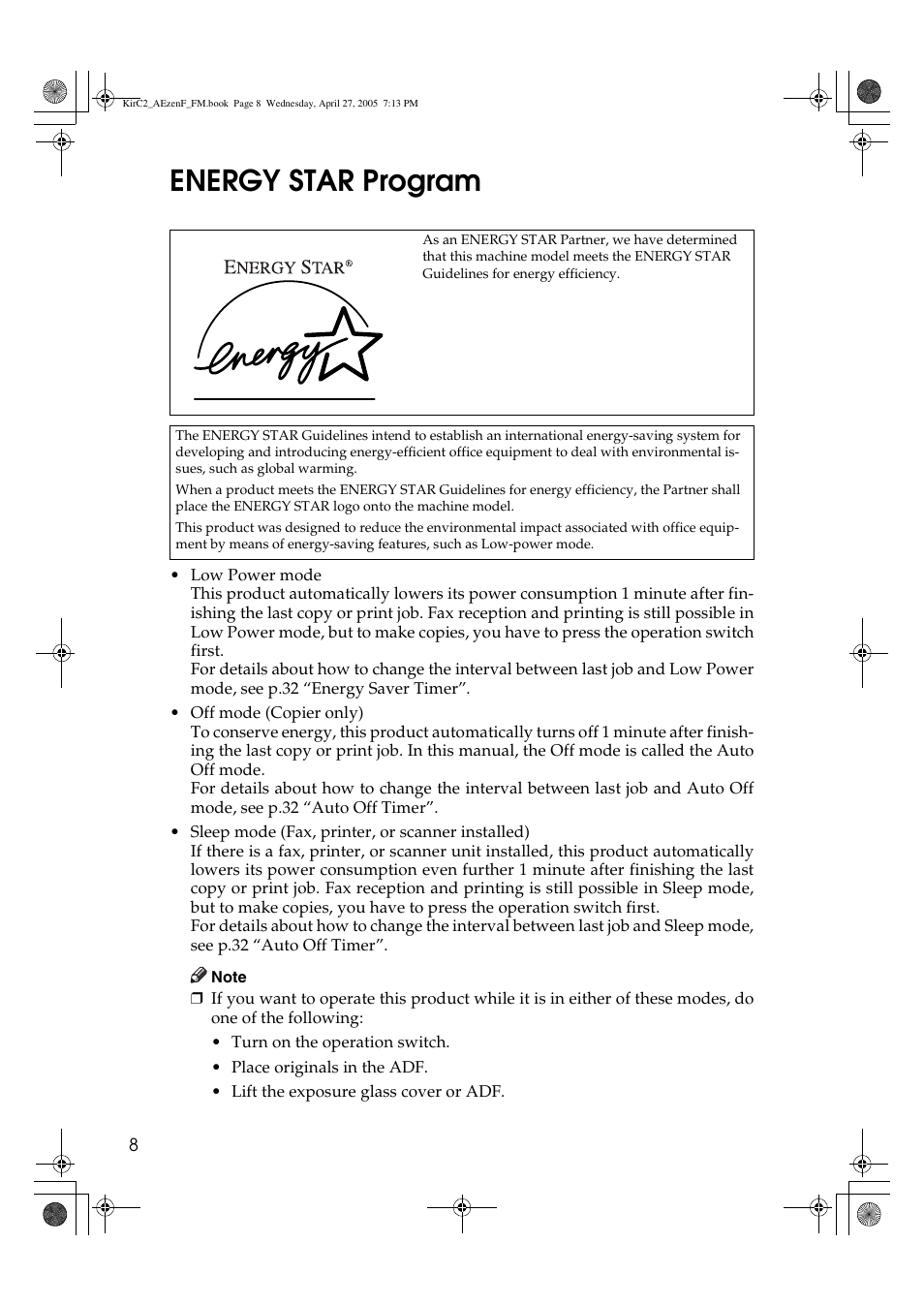 Energy star program | Ricoh Aficio DSm616 User Manual | Page 20 / 128