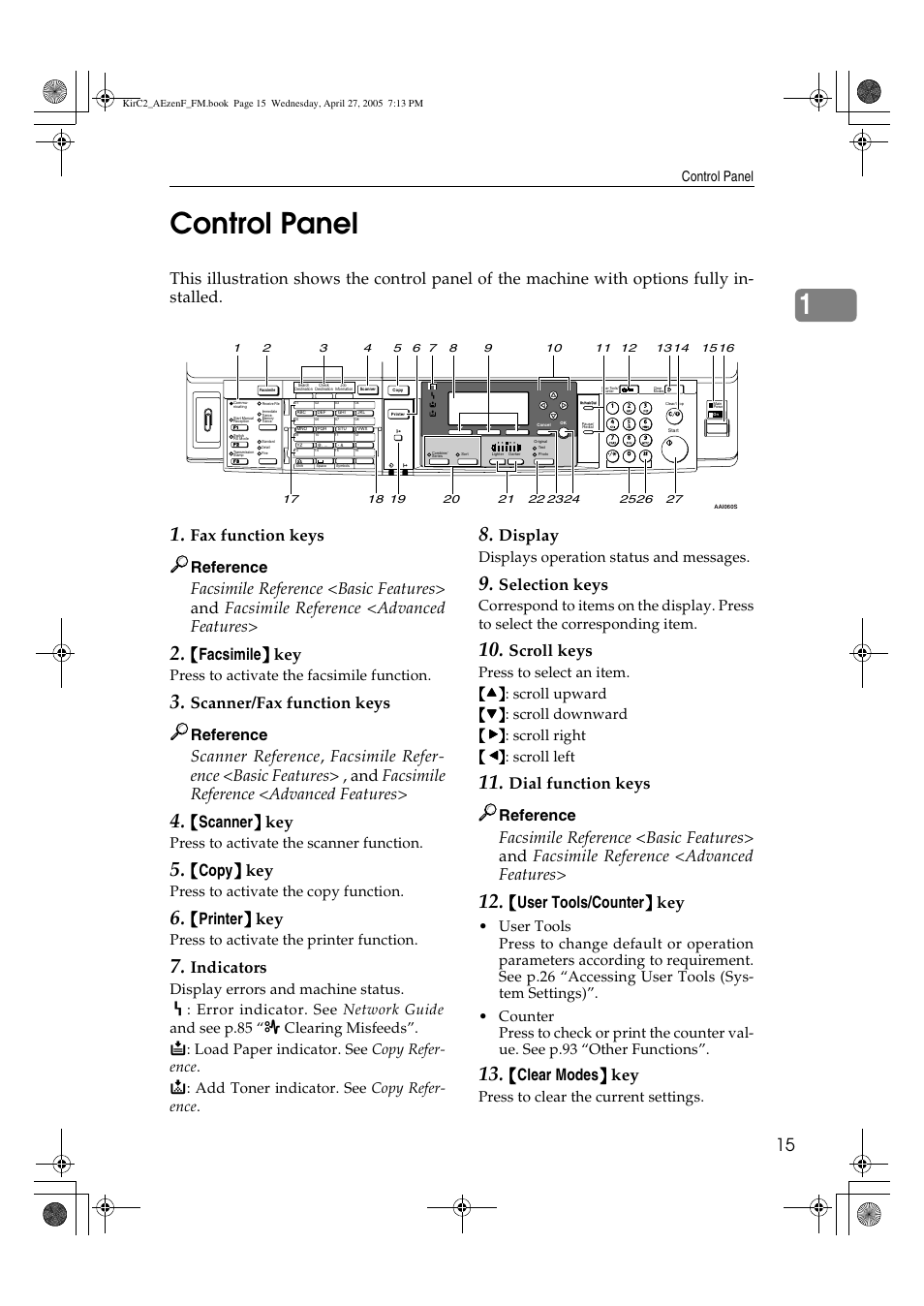 1control panel, Fax function keys, Facsimile }}}} key | Scanner/fax function keys, Scanner }}}} key, Copy }}}} key, Printer }}}} key, Indicators, Display, Selection keys | Ricoh Aficio DSm616 User Manual | Page 27 / 128