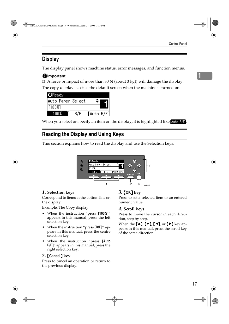Display, Reading the display and using keys | Ricoh Aficio DSm616 User Manual | Page 29 / 128