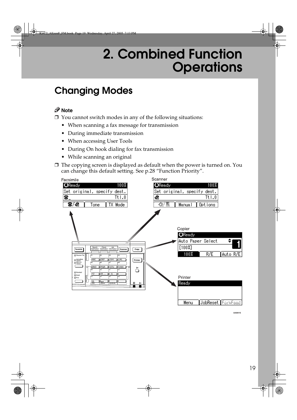 Combined function operations, Changing modes | Ricoh Aficio DSm616 User Manual | Page 31 / 128