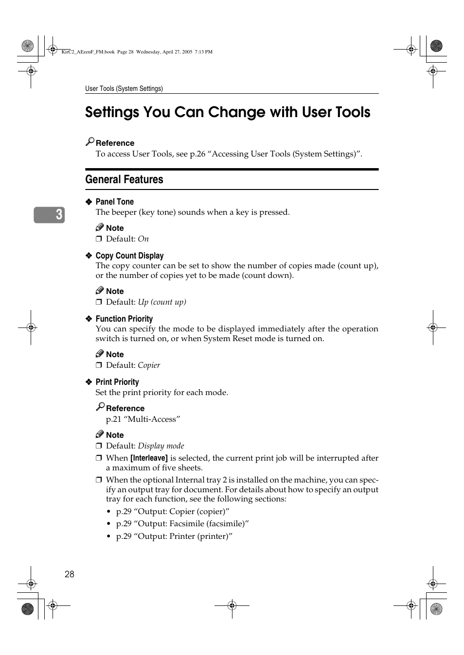 3settings you can change with user tools, General features | Ricoh Aficio DSm616 User Manual | Page 40 / 128