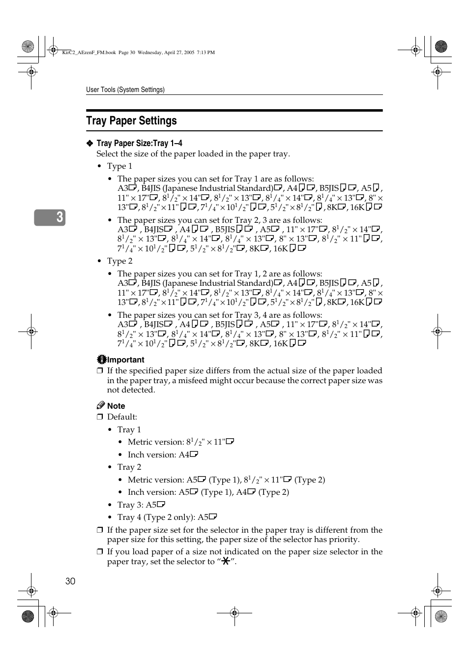 Tray paper settings | Ricoh Aficio DSm616 User Manual | Page 42 / 128