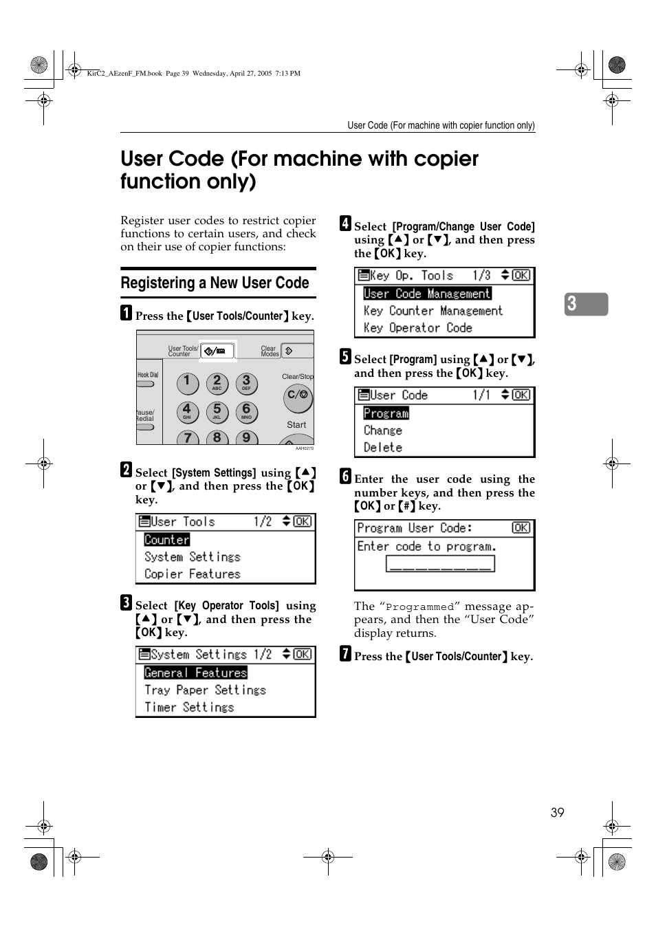 3user code (for machine with copier function only), Registering a new user code | Ricoh Aficio DSm616 User Manual | Page 51 / 128