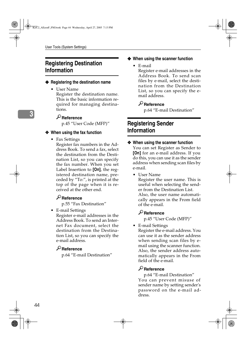Registering destination information, Registering sender information | Ricoh Aficio DSm616 User Manual | Page 56 / 128