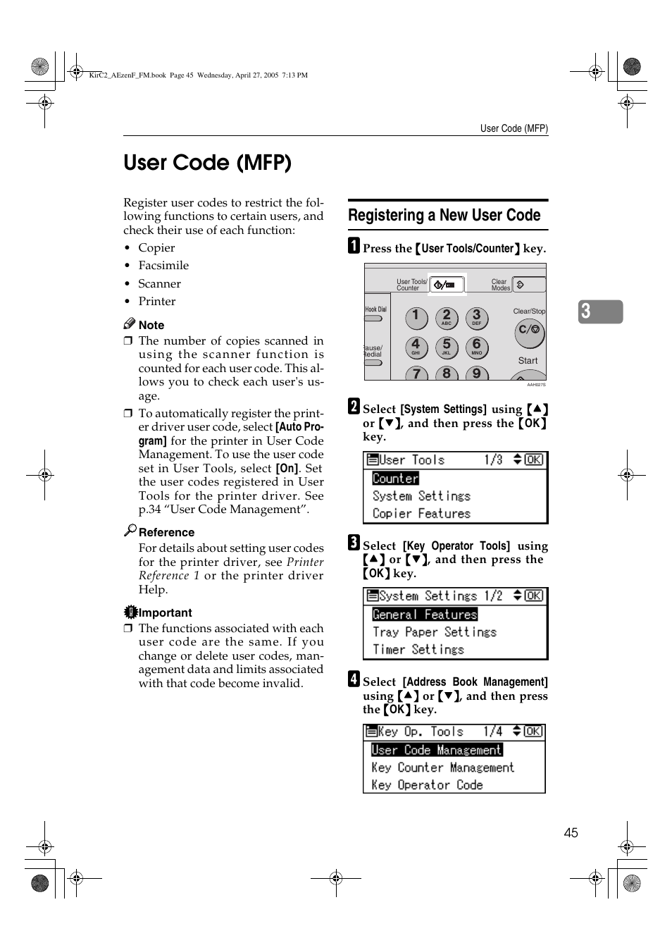 3user code (mfp), Registering a new user code | Ricoh Aficio DSm616 User Manual | Page 57 / 128