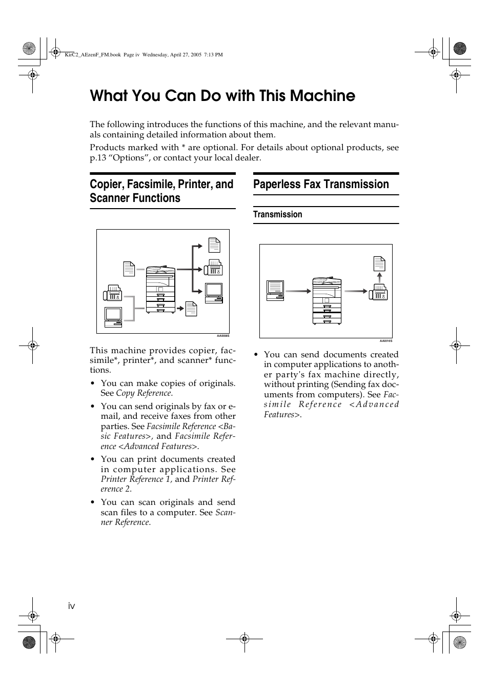 What you can do with this machine, Copier, facsimile, printer, and scanner functions, Paperless fax transmission | Ricoh Aficio DSm616 User Manual | Page 6 / 128