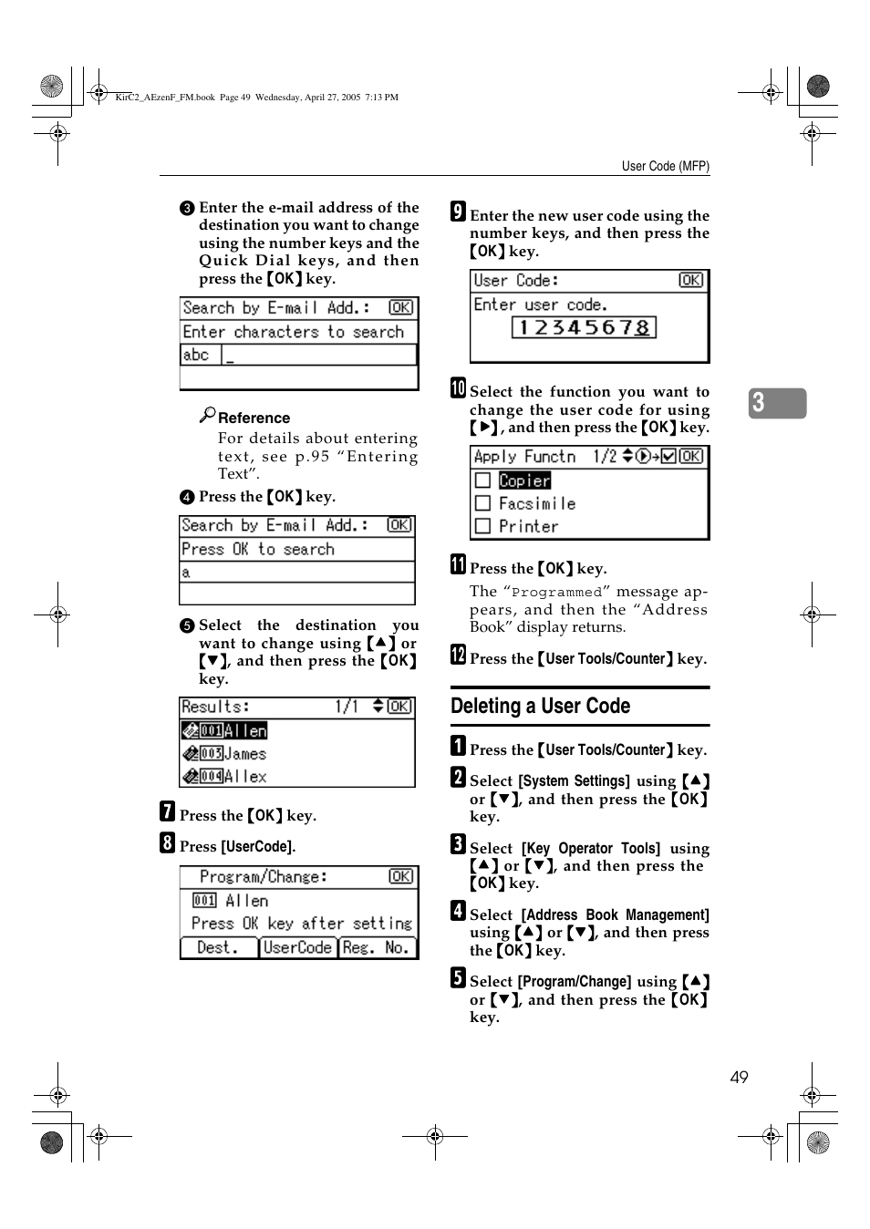 Deleting a user code | Ricoh Aficio DSm616 User Manual | Page 61 / 128