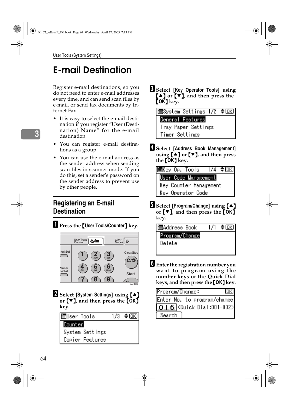3e-mail destination, Registering an e-mail destination | Ricoh Aficio DSm616 User Manual | Page 76 / 128