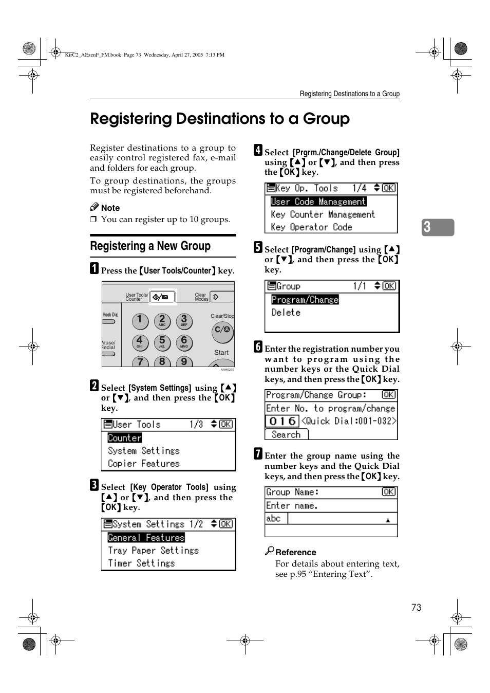 3registering destinations to a group, Registering a new group | Ricoh Aficio DSm616 User Manual | Page 85 / 128