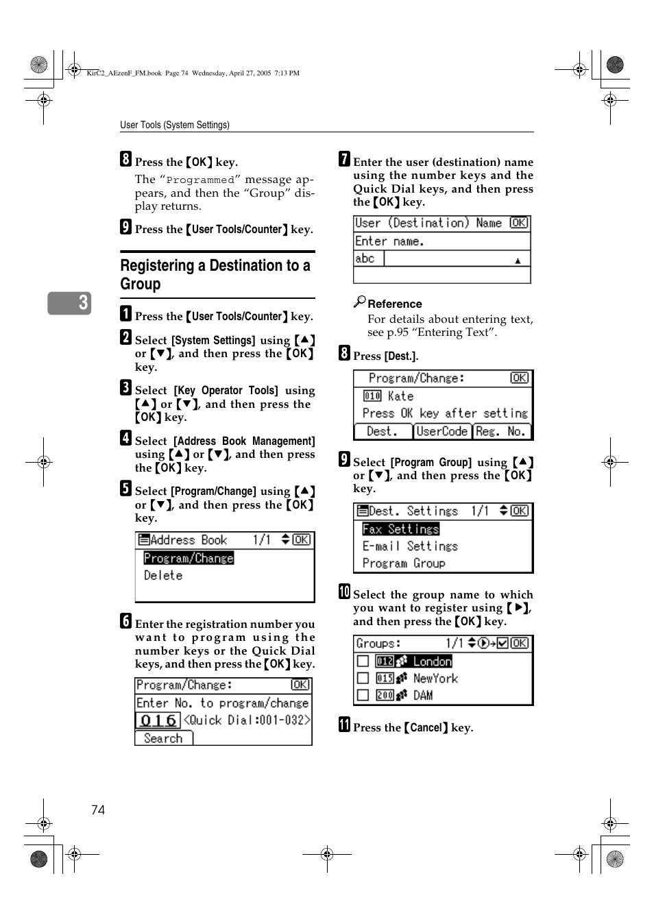 Registering a destination to a group | Ricoh Aficio DSm616 User Manual | Page 86 / 128