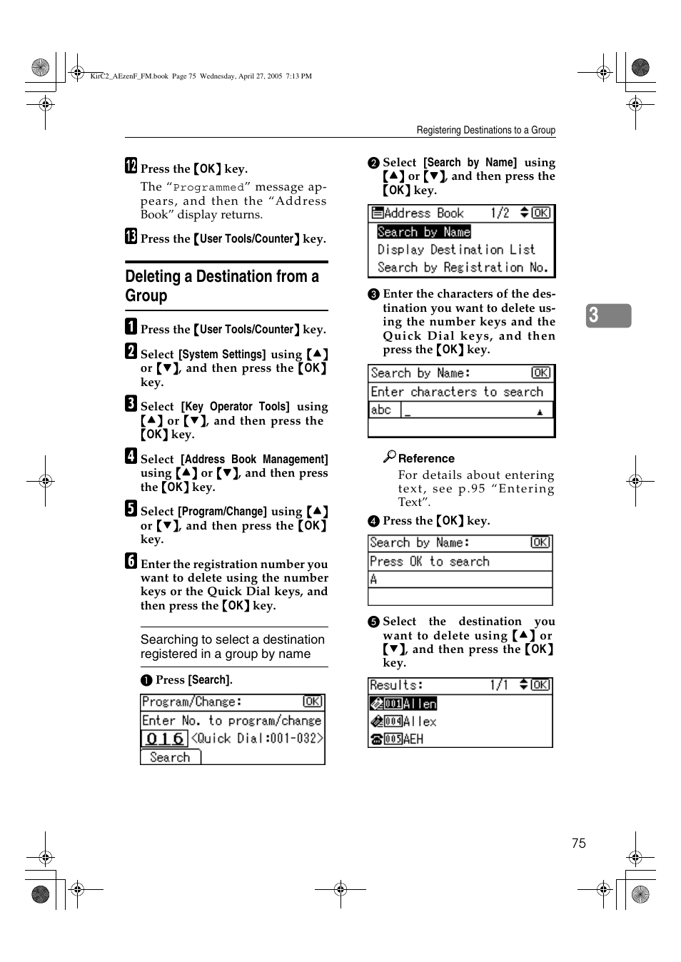 Deleting a destination from a group | Ricoh Aficio DSm616 User Manual | Page 87 / 128