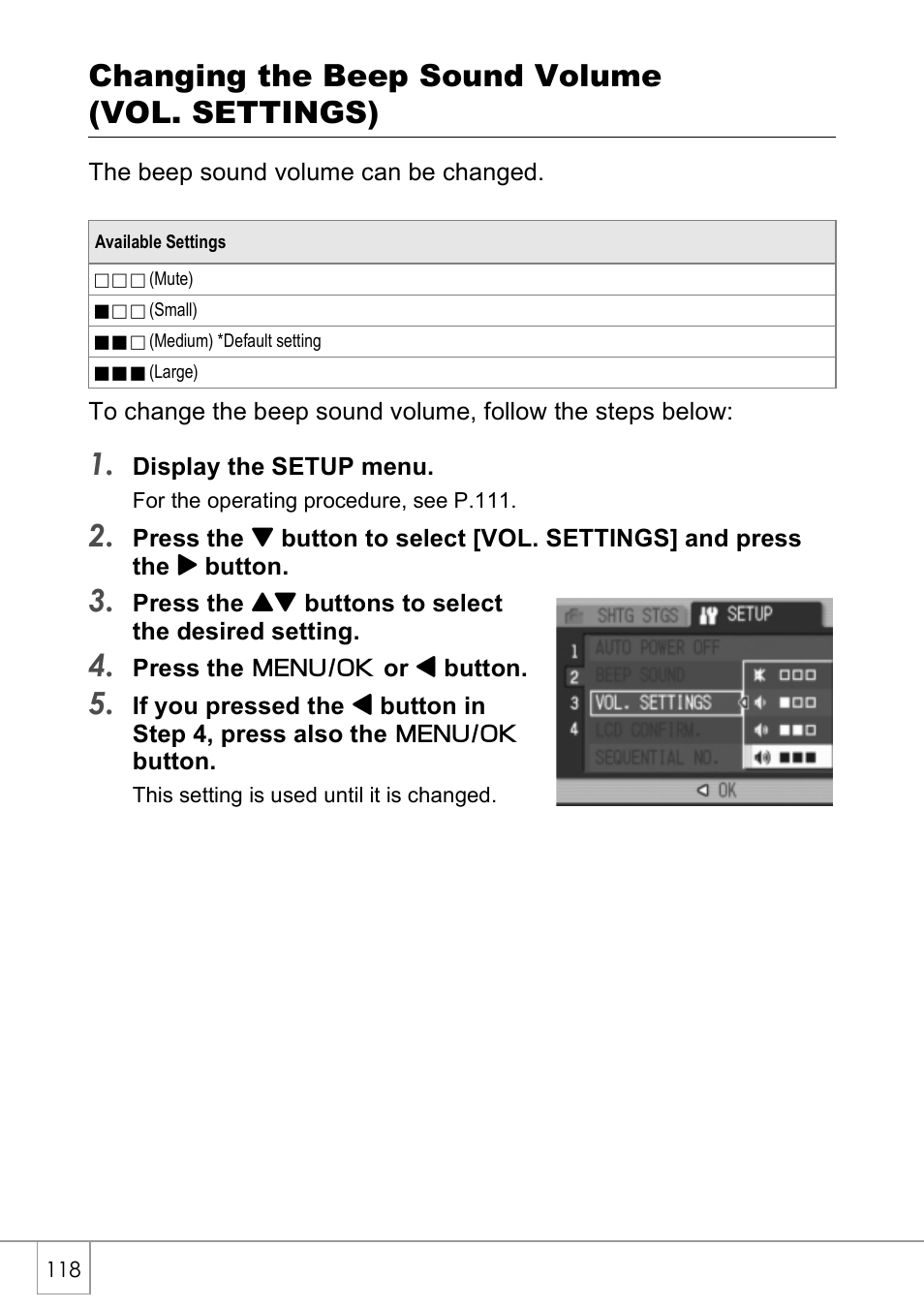Changing the beep sound volume (vol. settings) | Ricoh CAPLIO R4 User Manual | Page 120 / 188