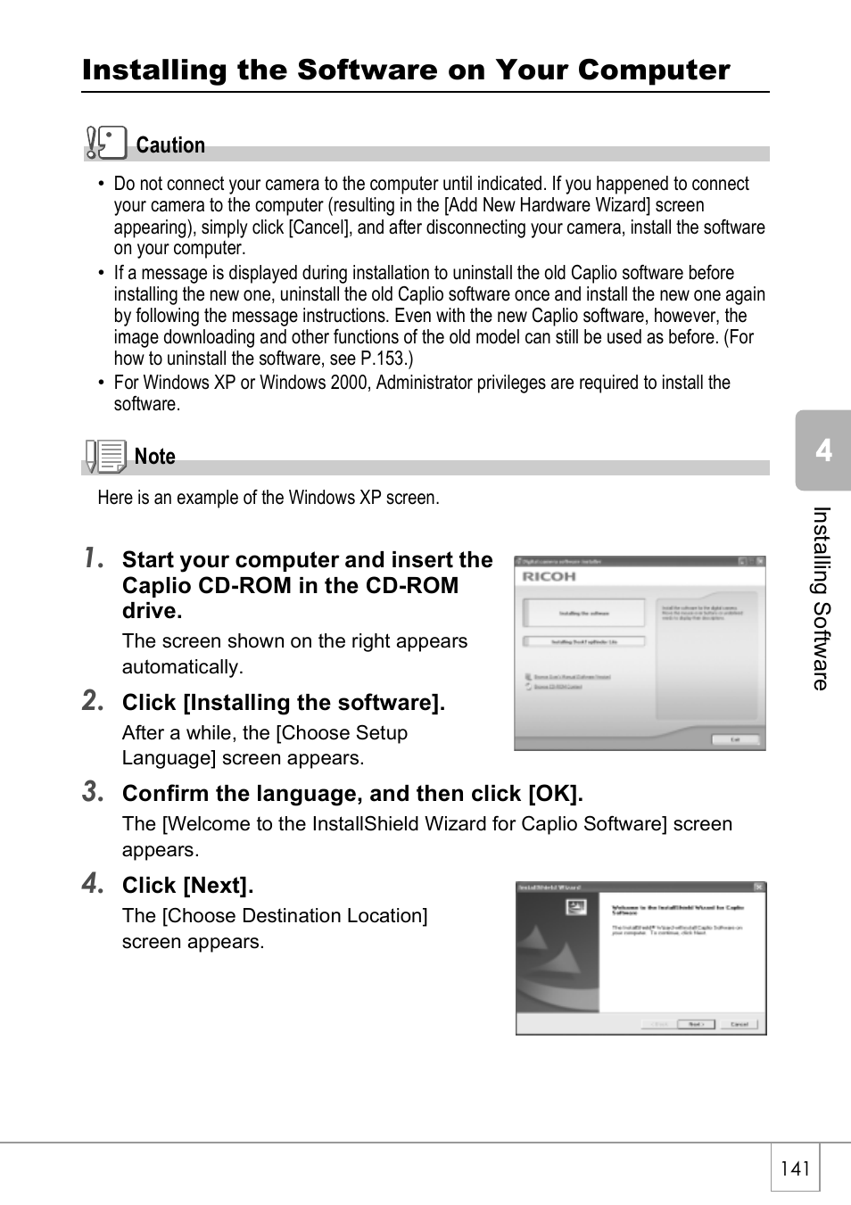 Installing the software on your computer | Ricoh CAPLIO R4 User Manual | Page 143 / 188