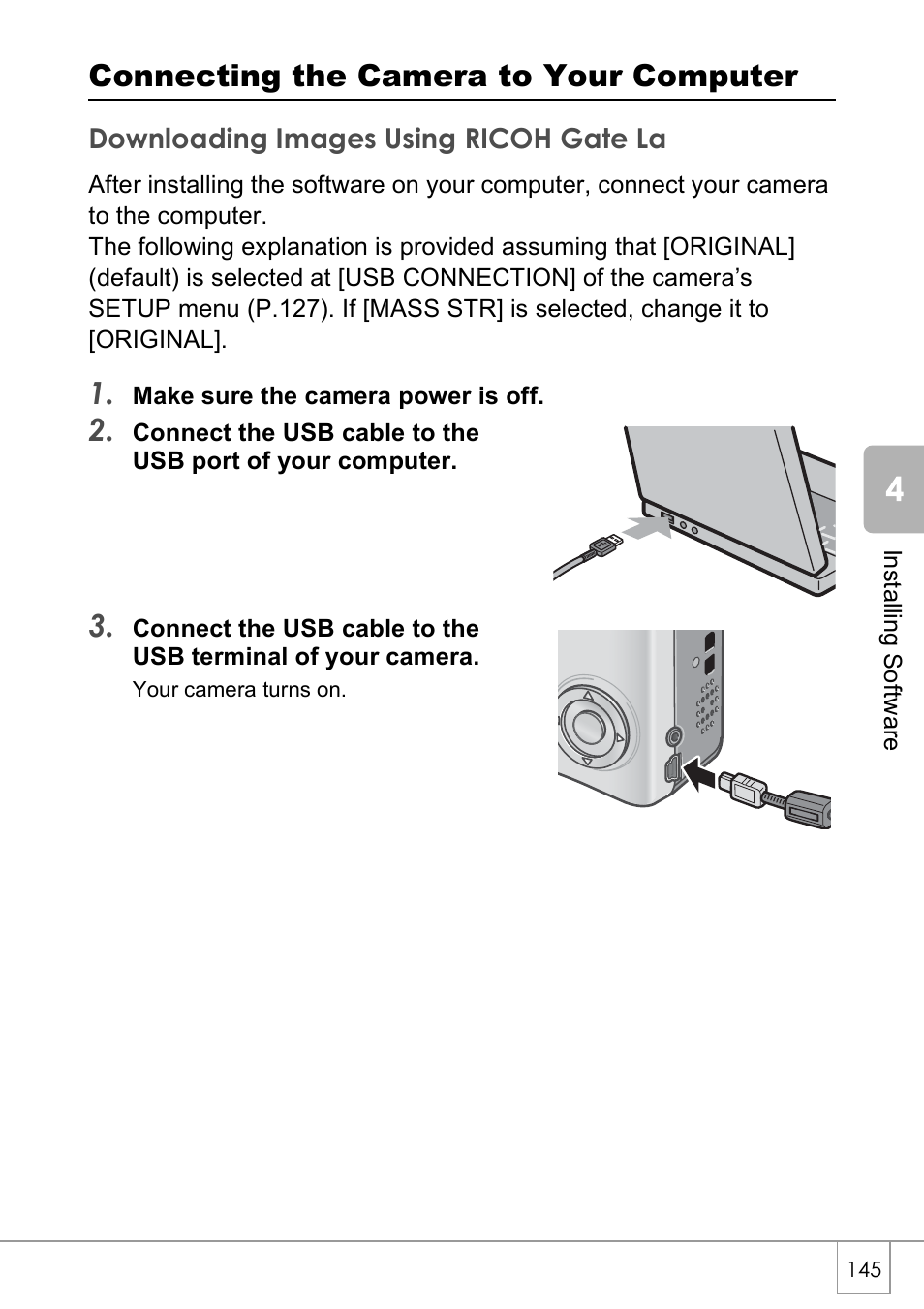 Connecting the camera to your computer | Ricoh CAPLIO R4 User Manual | Page 147 / 188