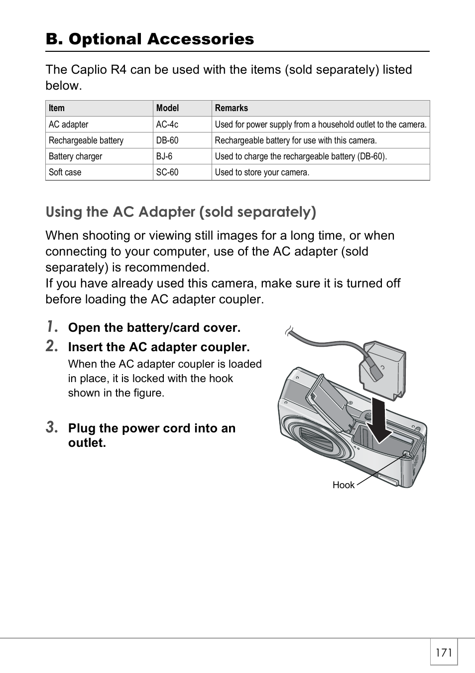 B. optional accessories, Using the ac adapter (sold separately) | Ricoh CAPLIO R4 User Manual | Page 173 / 188
