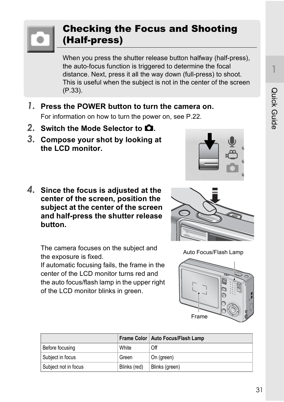 Checking the focus and shooting (half-press) | Ricoh CAPLIO R4 User Manual | Page 33 / 188