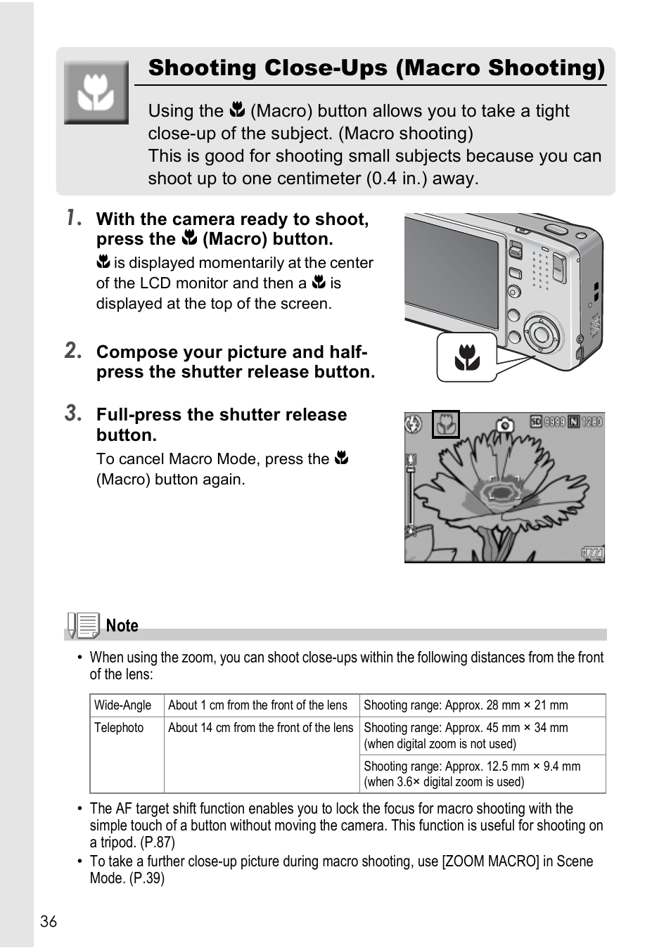 Shooting close-ups (macro shooting) | Ricoh CAPLIO R4 User Manual | Page 38 / 188