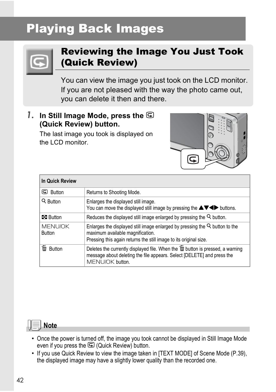 Playing back images, Reviewing the image you just took (quick review) | Ricoh CAPLIO R4 User Manual | Page 44 / 188