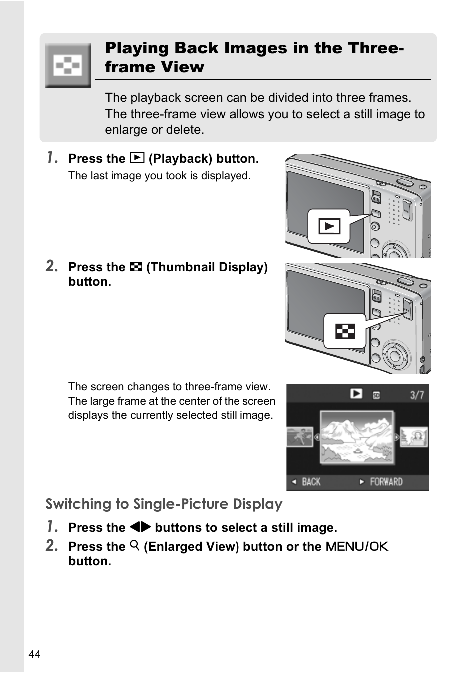 Playing back images in the three- frame view | Ricoh CAPLIO R4 User Manual | Page 46 / 188