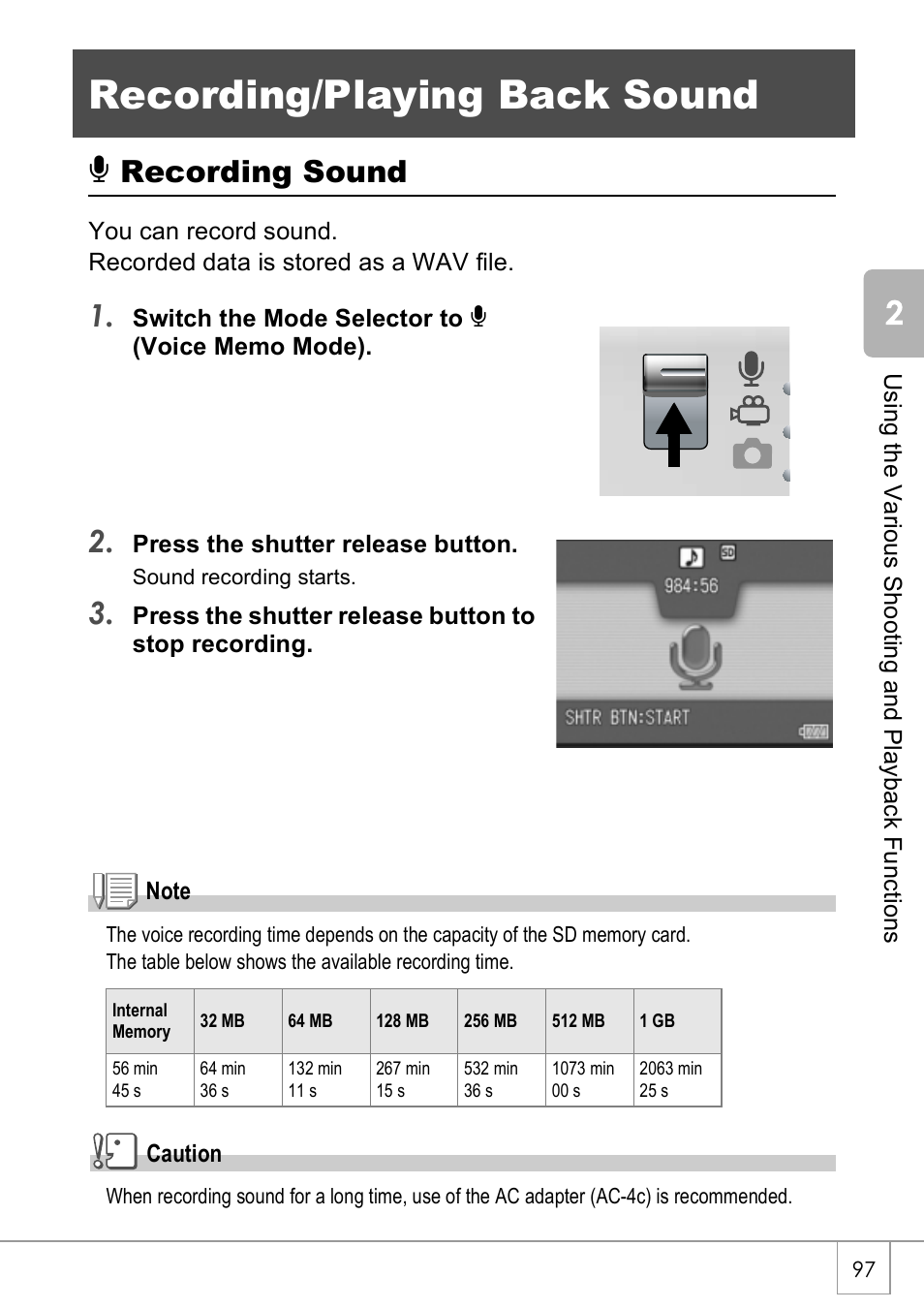 Recording/playing back sound, 2recording sound | Ricoh CAPLIO R4 User Manual | Page 99 / 188