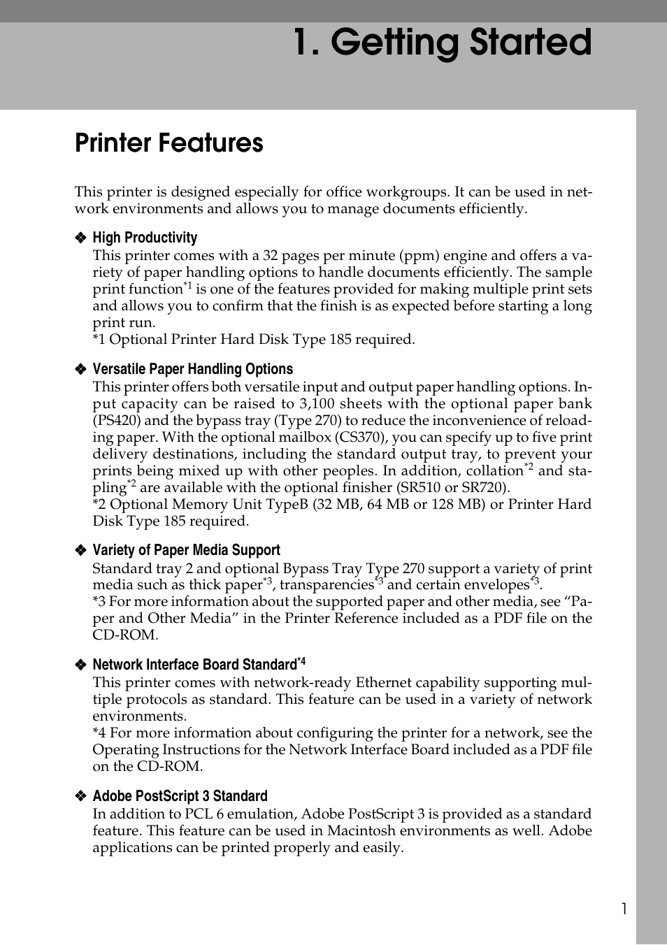 Getting started, Printer features | Ricoh Aficio AP3200 User Manual | Page 17 / 102