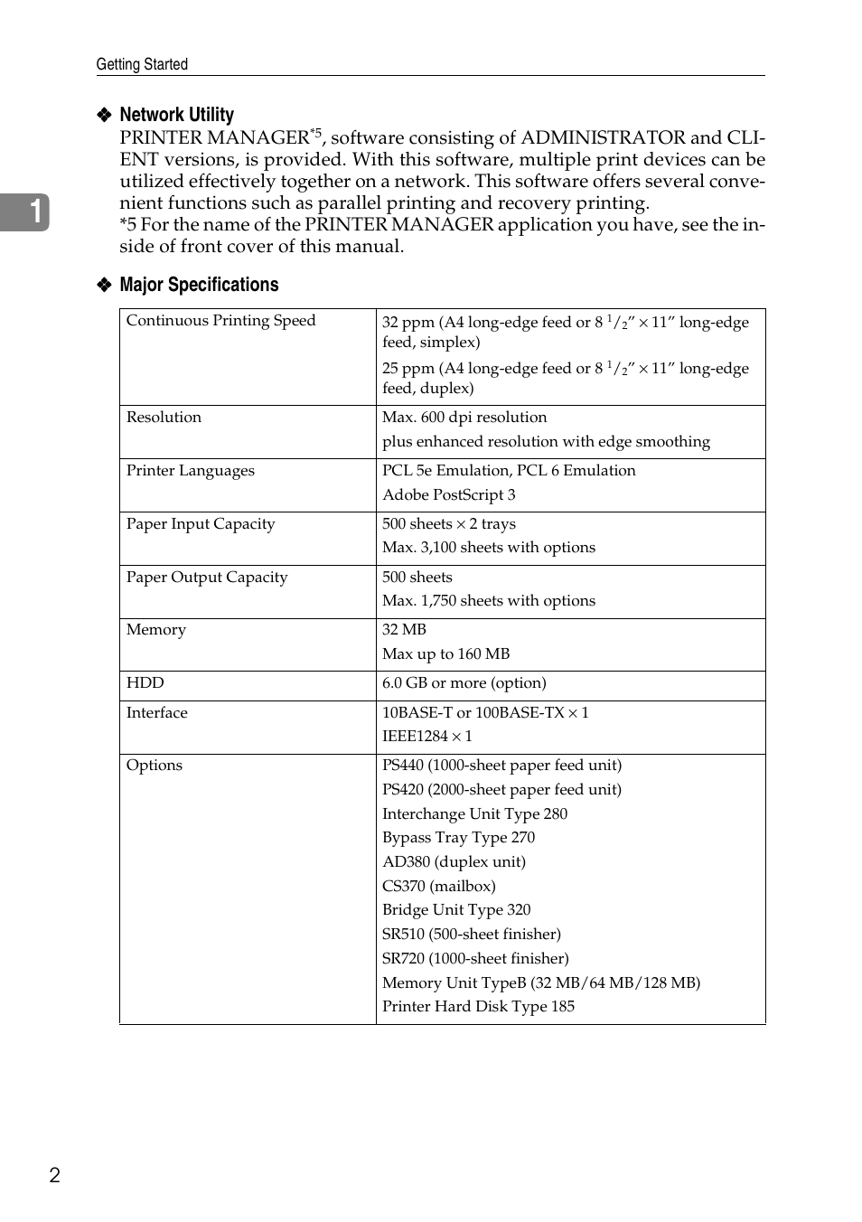 Network utility, Major specifications | Ricoh Aficio AP3200 User Manual | Page 18 / 102