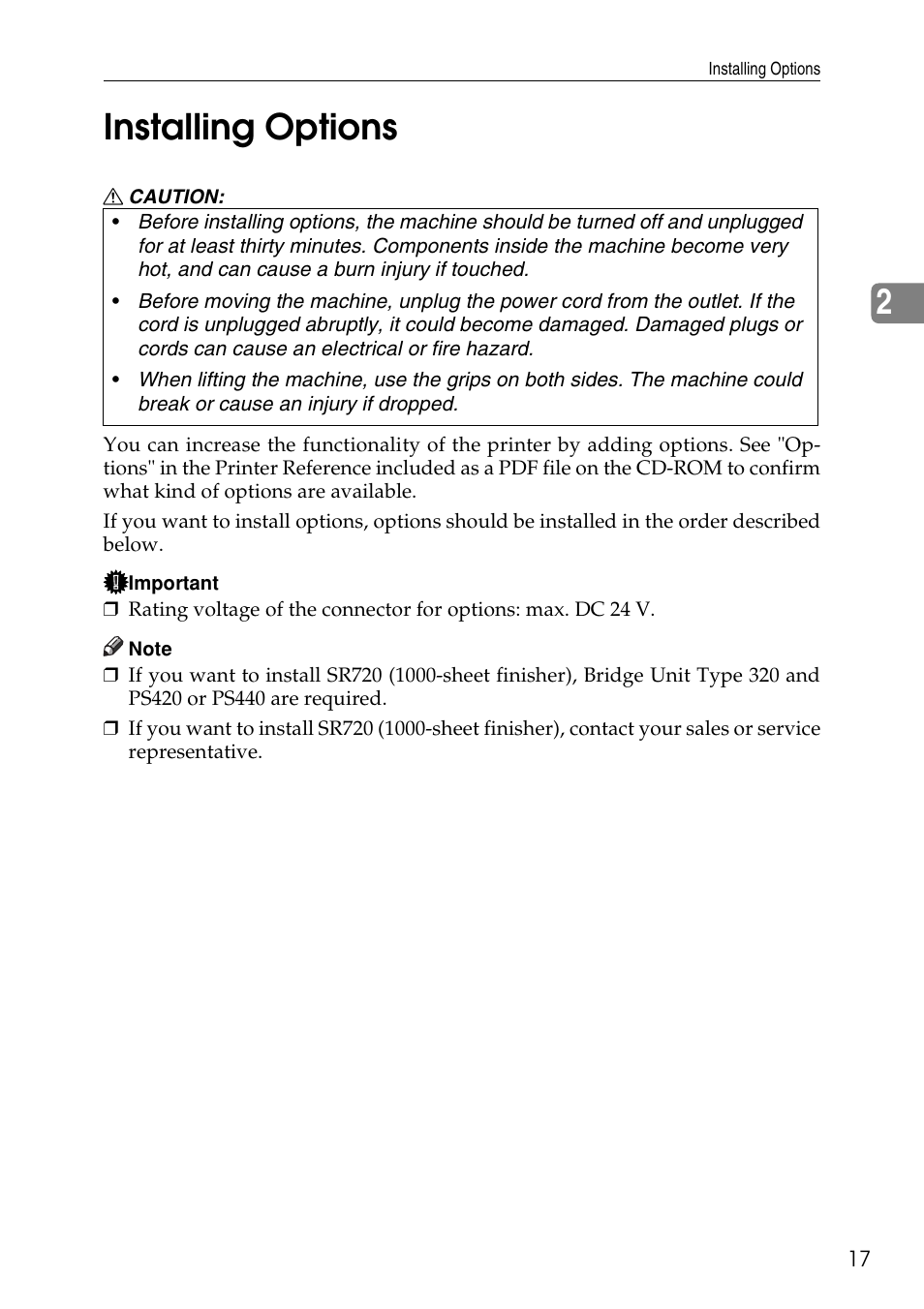 Installing options, 2installing options | Ricoh Aficio AP3200 User Manual | Page 33 / 102